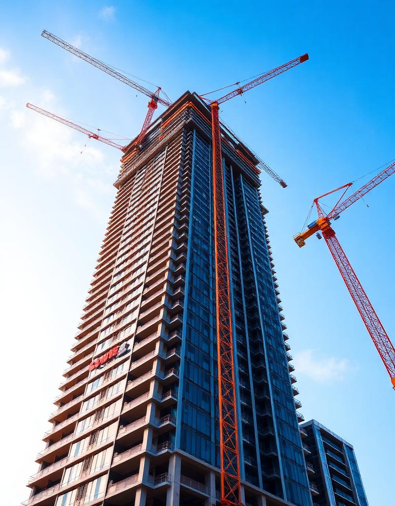 High-rise commercial building construction with tower cranes