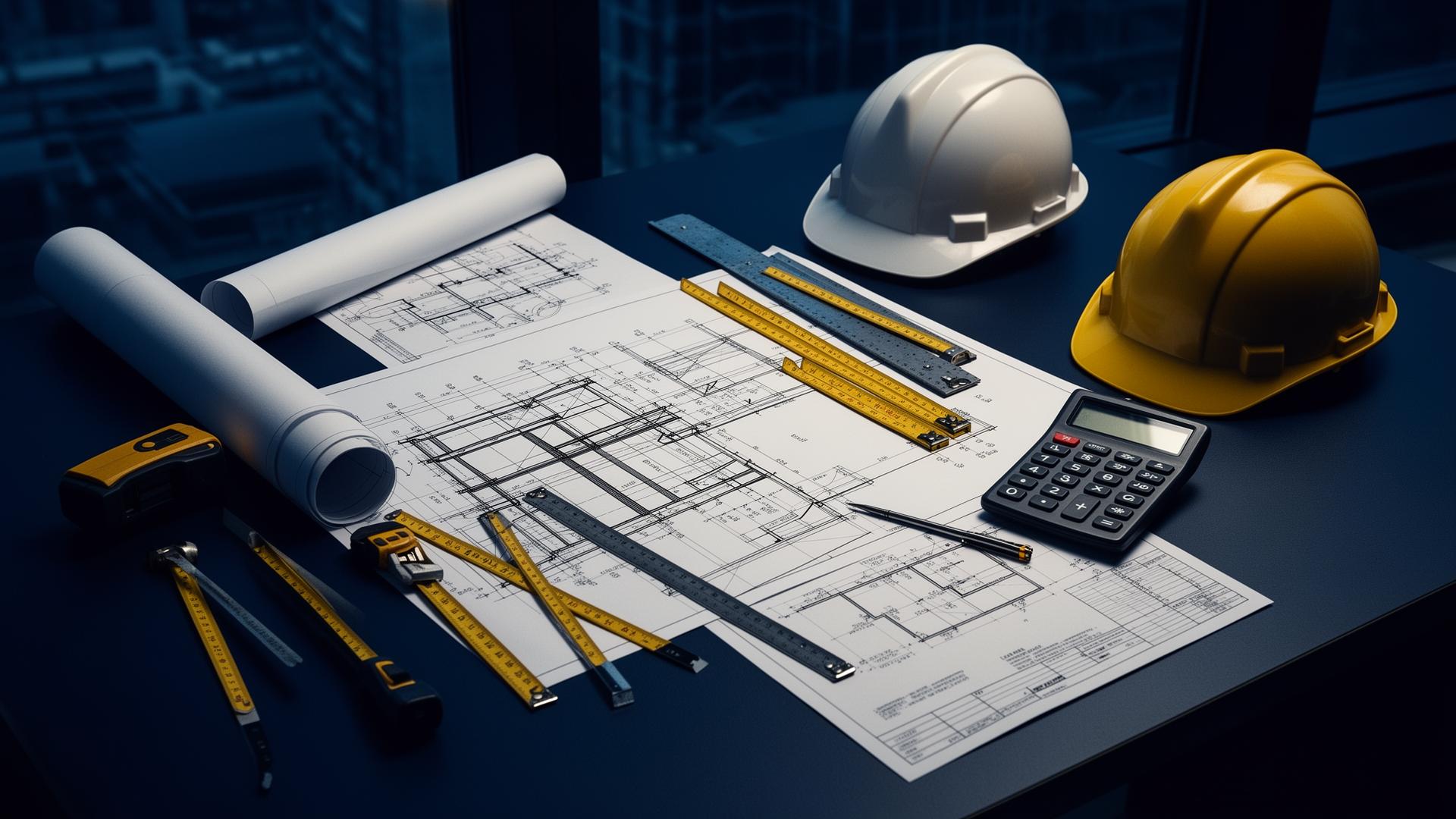 Construction blueprints with hard hat and measuring tools for project planning