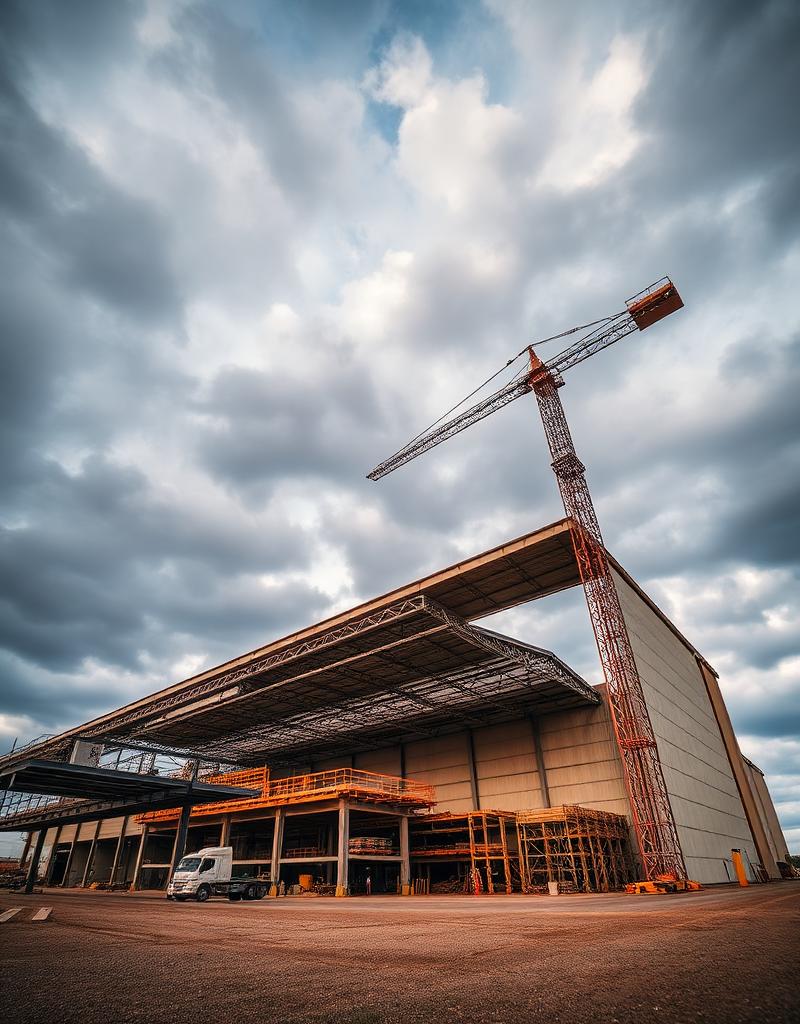 Industrial construction project with tower crane and structural steel framework