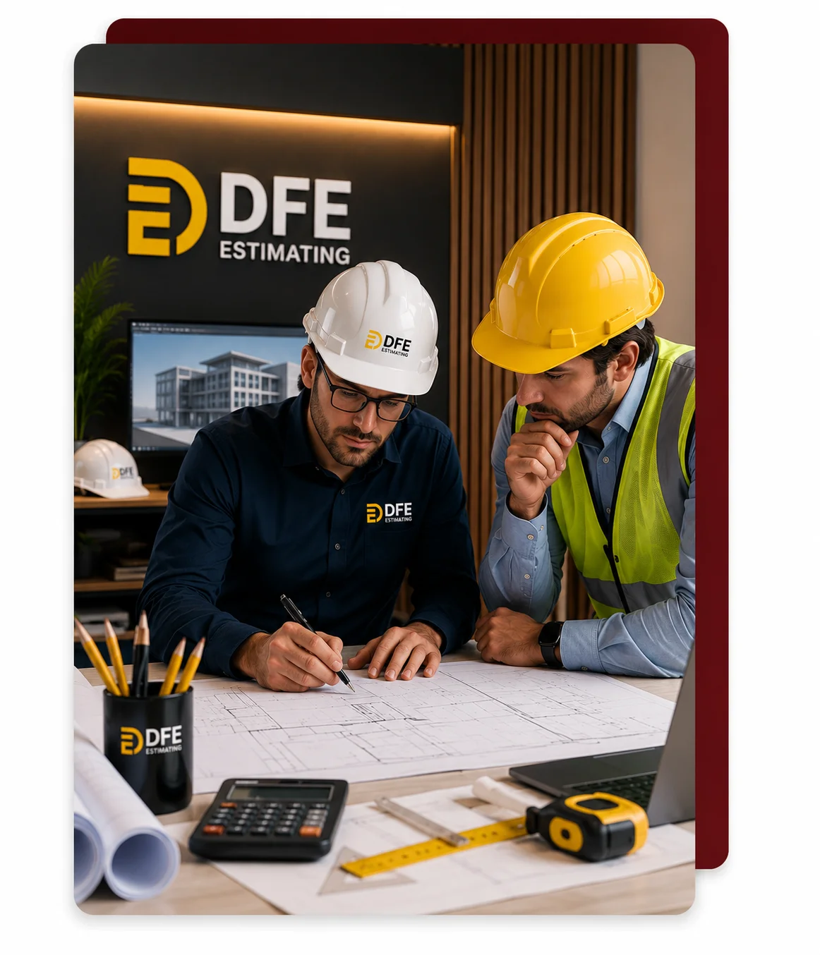 Construction estimators reviewing building plans and project costs
