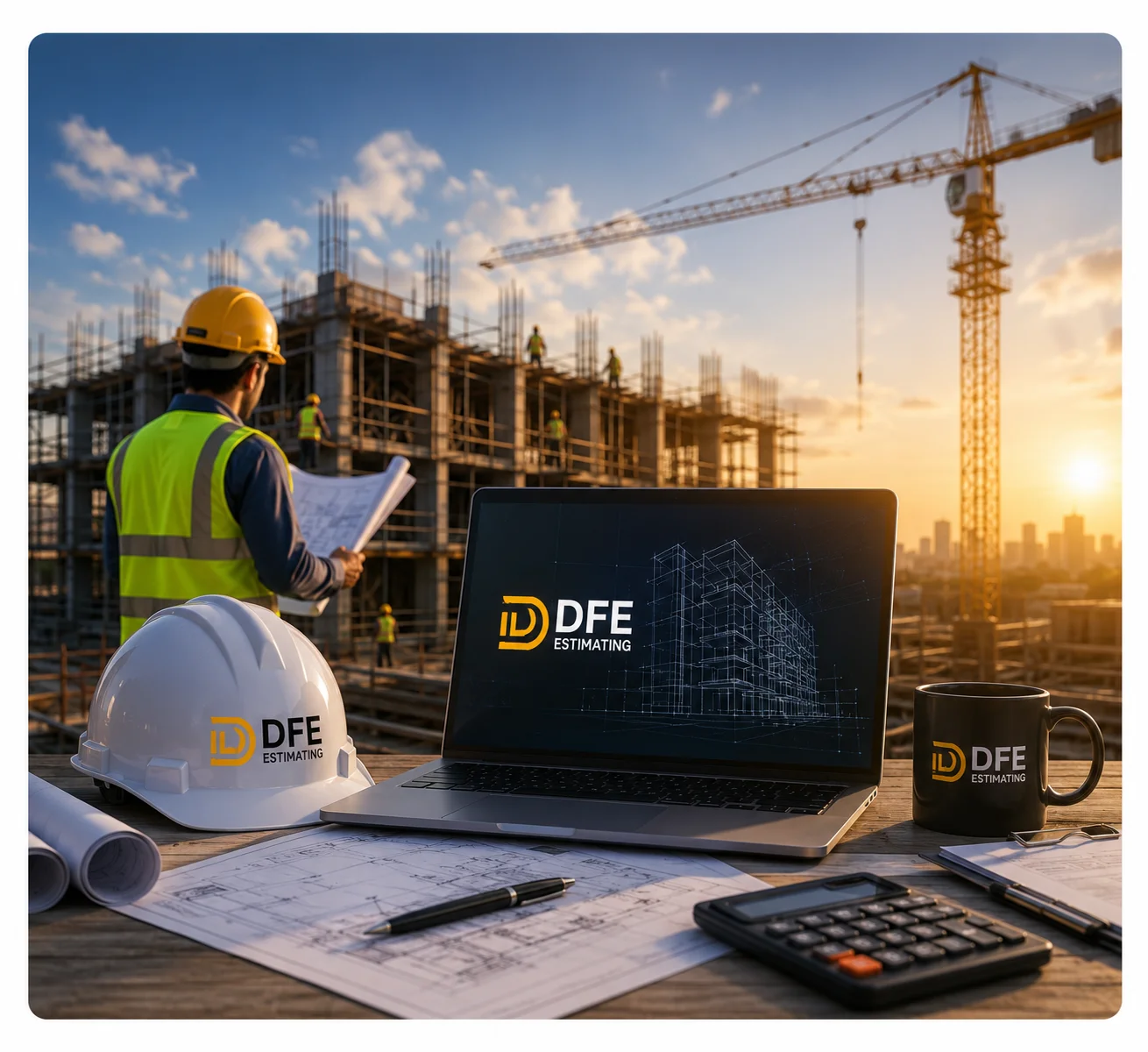 Construction estimator reviewing project costs and bid information at a commercial job site