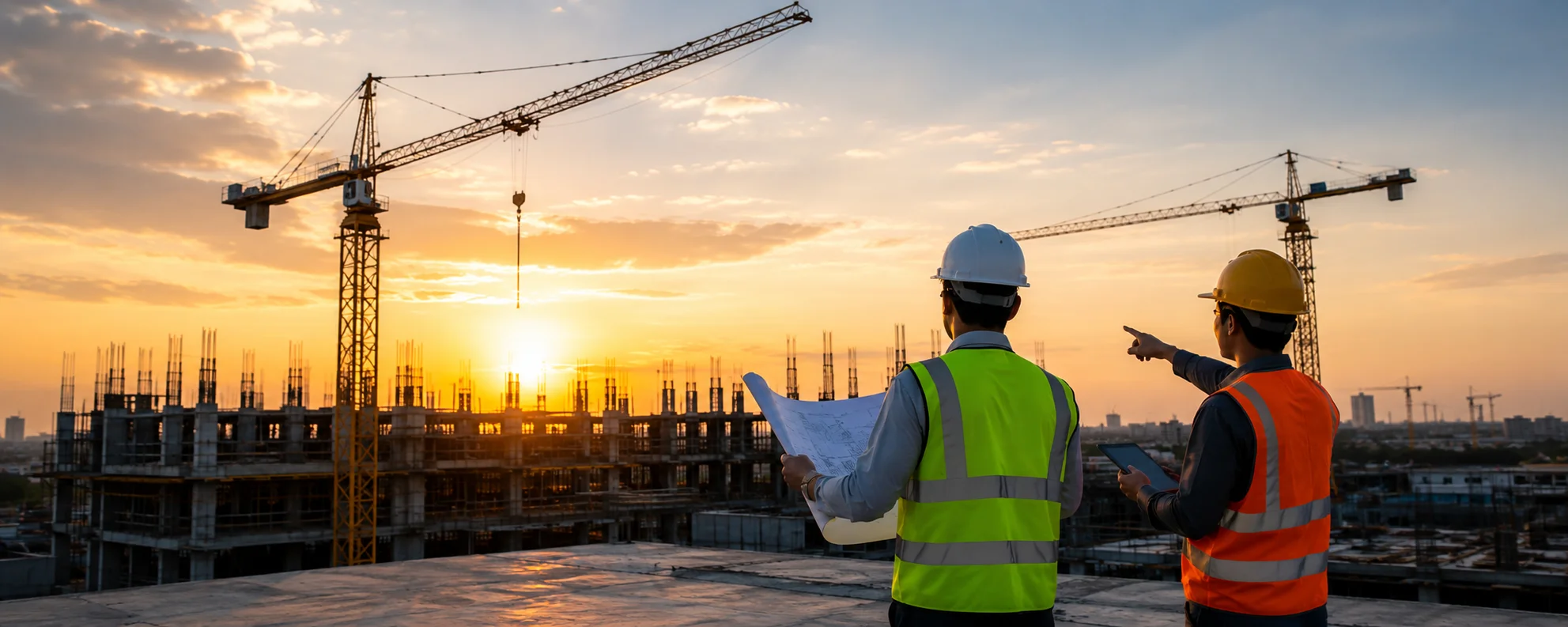Construction worker surveying a building project at sunrise