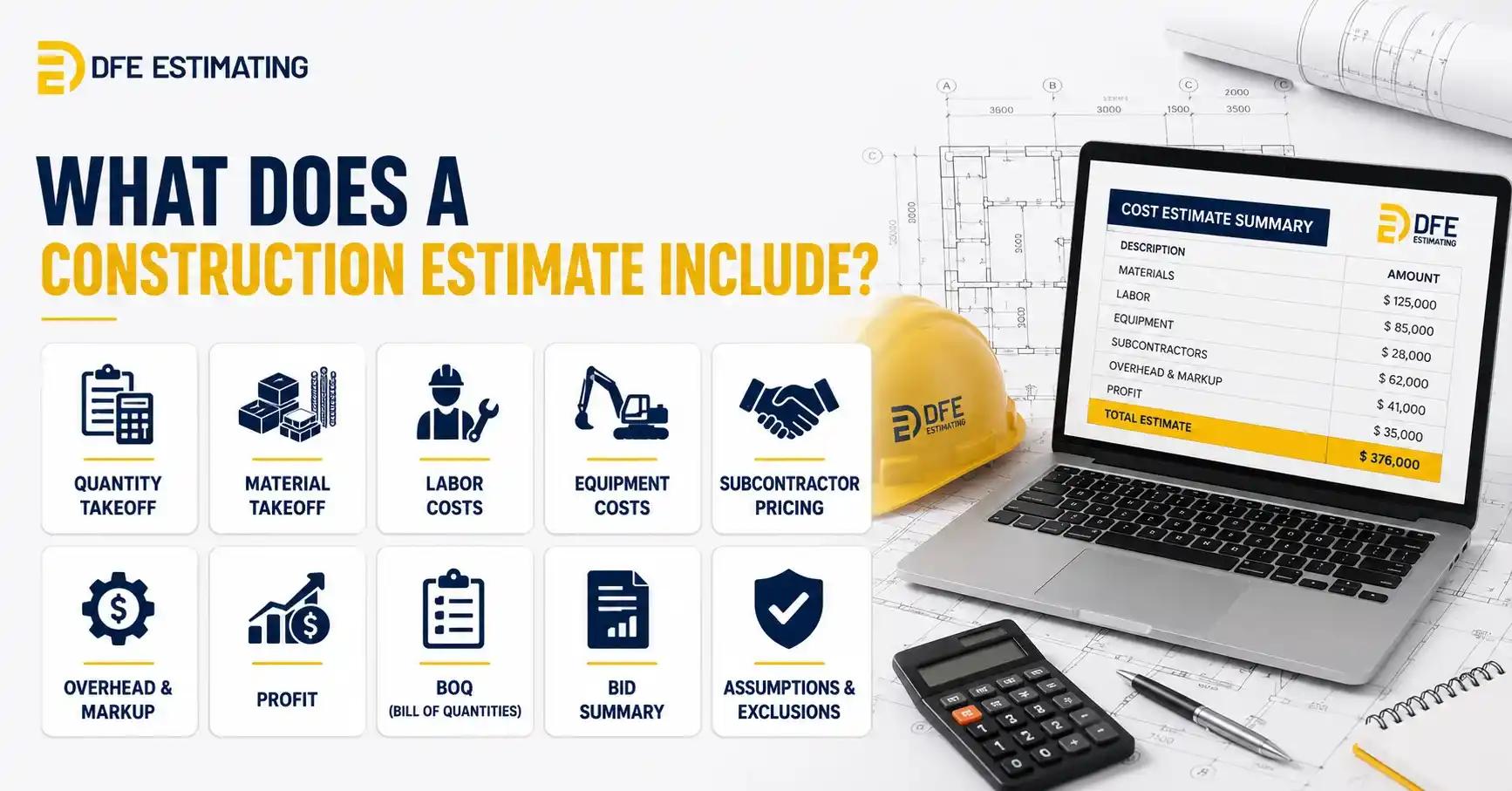 What's included in construction estimating services cost - quantity takeoff, material takeoff, labor and equipment costs